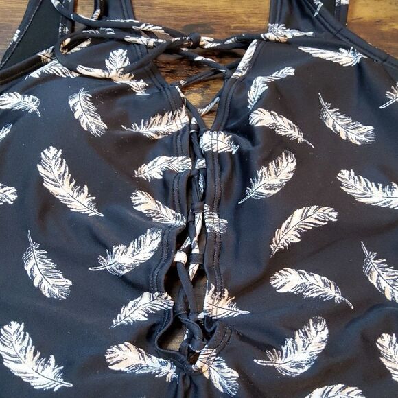 GIANNI Bini One Piece Black Feather Swimsuit Swim Large - Picture 3 of 6